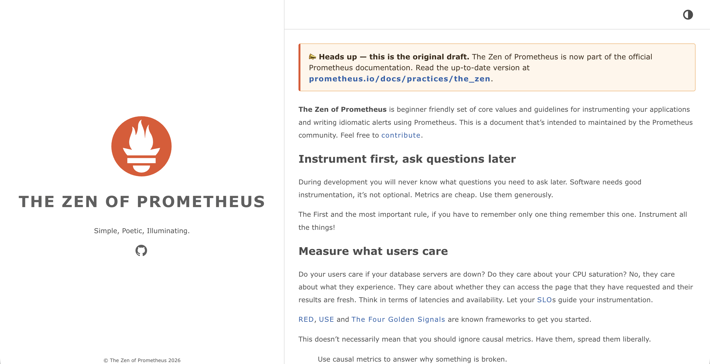 Screenshot of the original Zen of Prometheus companion site, hosted at the-zen-of-prometheus.netlify.app, with the “Heads up — this is the original draft” banner pointing readers to the official docs.